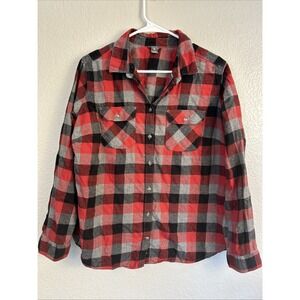 Eddie Bauer Long Sleeve Button Up Women's XL Gray Black Red Plaid Front Pockets